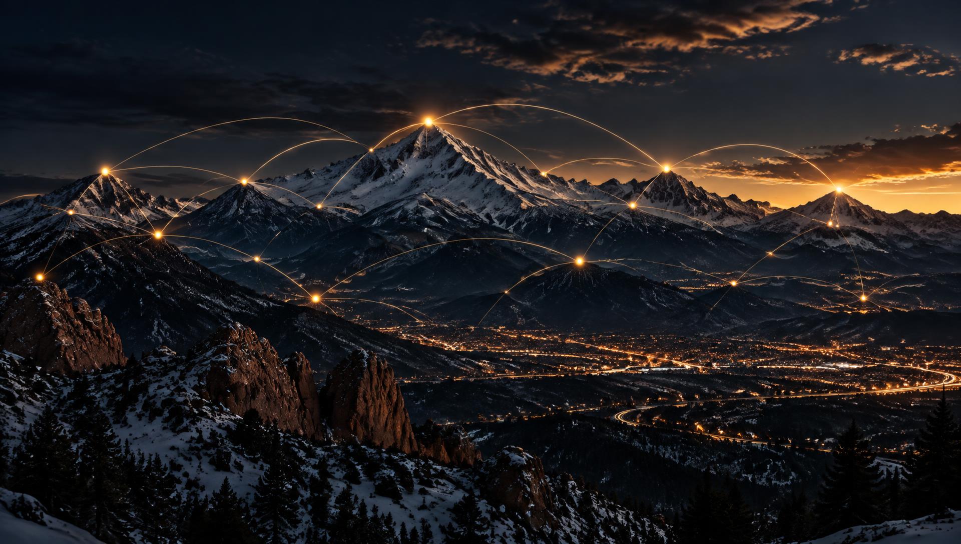 Glowing golden network lines connecting Colorado mountain peaks at twilight