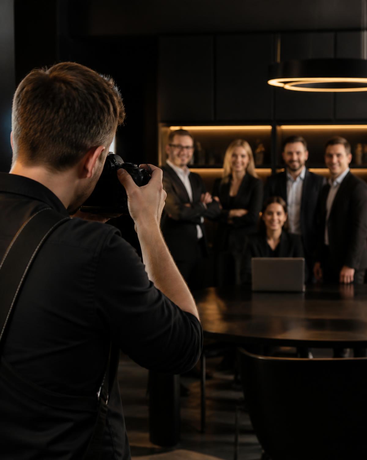 Photographer capturing a corporate team portrait on location